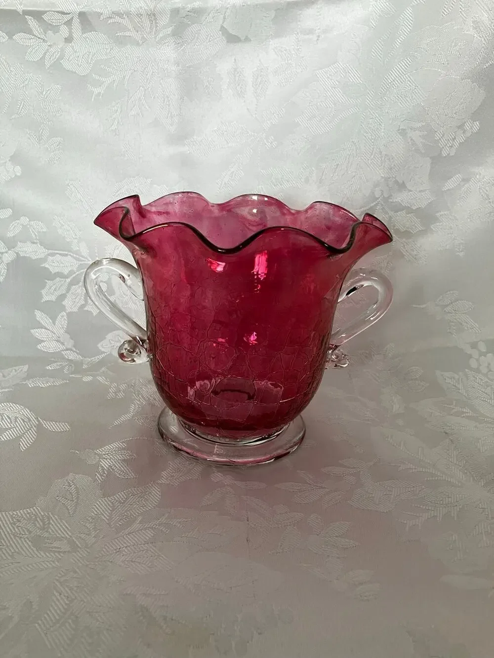 Vintage Rose Crackle Blown Glass Vase Iridescent Pontil Double Handle 5.5